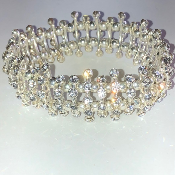 Vintage Jewelry - Silver Tone & CZ Rhinestone Classic Stretchy Bracelet